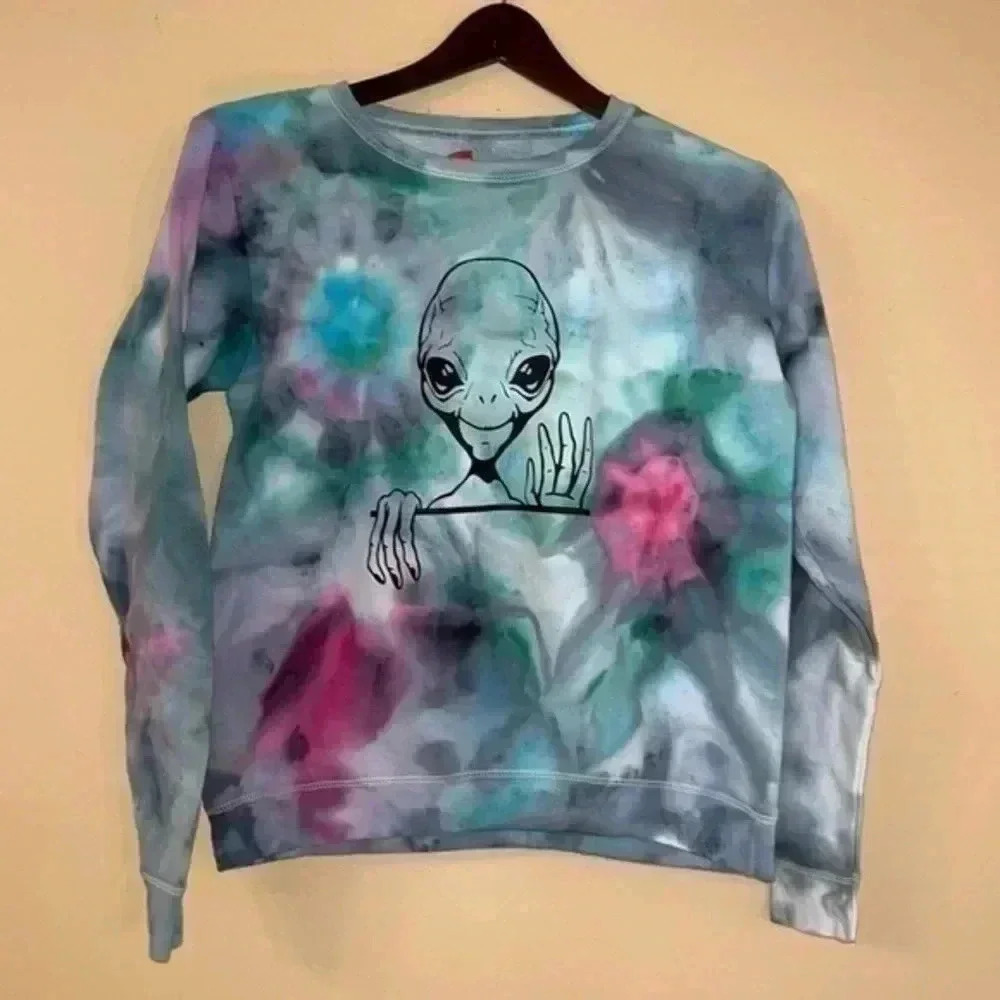 Tie-Dyed Sweatshirt Alien Handmade Ice Dyed Size S